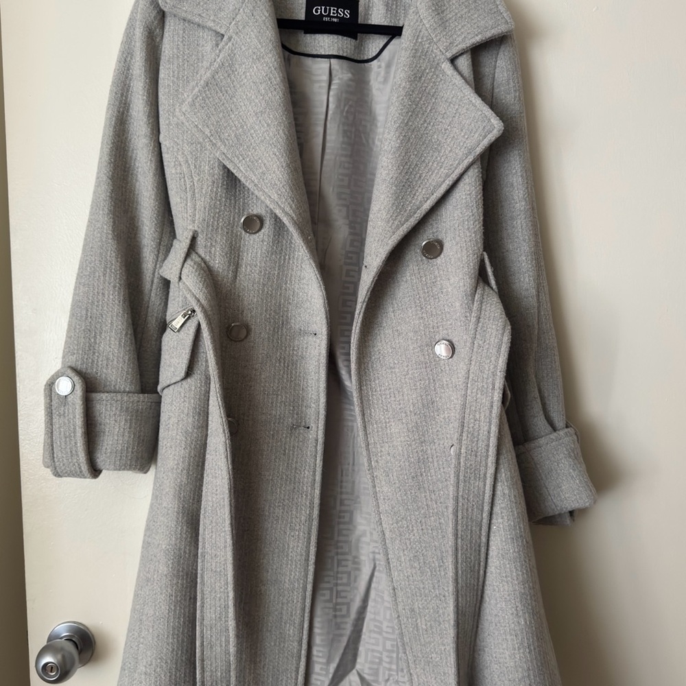 GUESS Women's Gray Double-Breasted Trench Coat